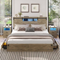 Sikaic Bed Frame Farmhouse King Size Wooden Platform Bed Frame with LED Lights and Charging Station Storage Drawers Sliding Barn Door Headboard Rustic Oak