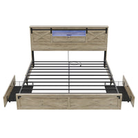 Sikaic Bed Frame Farmhouse King Size Wooden Platform Bed Frame with LED Lights and Charging Station Storage Drawers Sliding Barn Door Headboard Rustic Oak