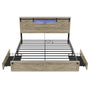 Sikaic Bed Frame Farmhouse King Size Wooden Platform Bed Frame with LED Lights and Charging Station Storage Drawers Sliding Barn Door Headboard Rustic Oak