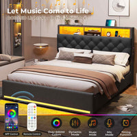 Sikaic Bed Frame Upholstered Platform Bed Frame with LED Lights & Charging Station Hidden Storage Headboard and 4 Drawers Linen Dark Grey