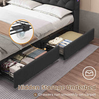 Sikaic Bed Frame Upholstered Platform Bed Frame with LED Lights & Charging Station Hidden Storage Headboard and 4 Drawers Linen Dark Grey