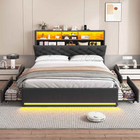 Sikaic Bed Frame Upholstered Platform Bed Frame with LED Lights & Charging Station Hidden Storage Headboard and 4 Drawers Linen Dark Grey
