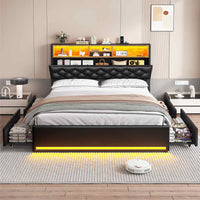 Sikaic Bed Frame Upholstered Platform Bed Frame with LED Lights & Charging Station Hidden Storage Headboard and 4 Drawers PU Black