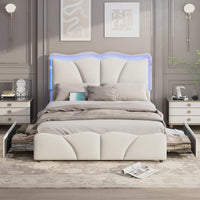 Sikaic Bed Frame Upholstered Platform Led Bed Frame with USB Ports Drawers White