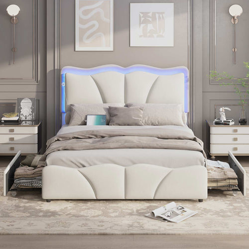 Sikaic Bed Frame Upholstered Platform Led Bed Frame with USB Ports Drawers White