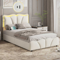 Sikaic Bed Frame Upholstered Platform Led Bed Frame with USB Ports Drawers White