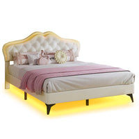 Sikaic Bed Frame Velvet Princess LED Bed with Drawers White