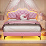 Sikaic Bed Frame Velvet Princess Platform RGB LED Bed Frame with Storage Drawers and Adjustable Crystal Button Headboard Creamy Pink