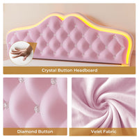 Sikaic Bed Frame Velvet Princess Platform RGB LED Bed Frame with Storage Drawers and Adjustable Crystal Button Headboard Creamy Pink