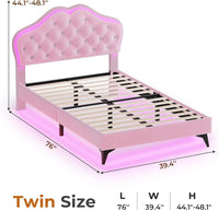 Sikaic Bed Frame Velvet Princess Platform RGB LED Bed Frame with Storage Drawers and Adjustable Crystal Button Headboard Creamy Pink