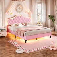 Sikaic Bed Frame Velvet Princess Platform RGB LED Bed Frame with Storage Drawers and Adjustable Crystal Button Headboard Creamy Pink