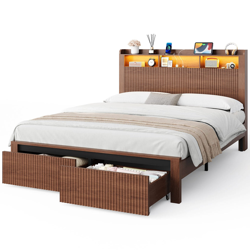 Sikaic Bed Frame Sikaic Fluted Wood Bed Frame with Storage & LED Lights Walnut Walnut / Engineered Wood / Modern