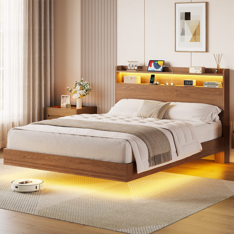 Sikaic Queen Floating Bed Frame with LED Lights and Charging Station Walnut