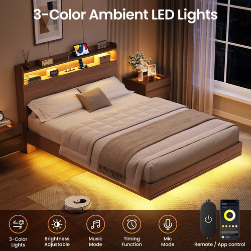 Sikaic Bed Frame Sikaic Queen Floating Bed Frame with LED Lights and Charging Station Walnut Walnut / Queen / Engineered Wood