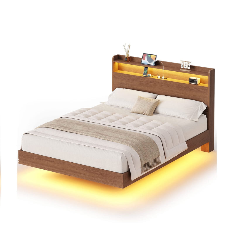 Sikaic Queen Floating Bed Frame with LED Lights and Charging Station Walnut