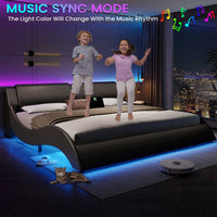 Sikaic Bed Frame Wave Like Curve LED Lighting Bed Frame with Charging Ports and Headboard Black