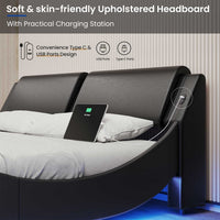 Sikaic Bed Frame Wave Like Curve LED Lighting Bed Frame with Charging Ports and Headboard Black
