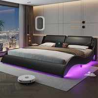 Sikaic Bed Frame Wave Like Curve LED Lighting Bed Frame with Charging Ports and Headboard Black