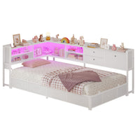 Sikaic Bed Frame Corner Bed Frame with Charging Station & Led Lights, White White / Engineered Wood & Heavy-Duty Steel / 83.1 x 47.2 x 36.2 inches