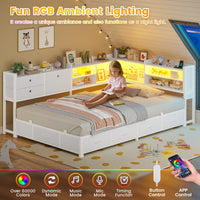 Sikaic Bed Frame Corner Bed Frame with Charging Station & Led Lights, White White / Engineered Wood & Heavy-Duty Steel / 83.1 x 47.2 x 36.2 inches