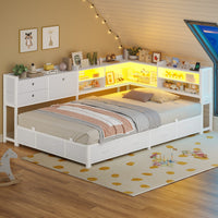 Sikaic Bed Frame Corner Bed Frame with Charging Station & Led Lights, White White / Engineered Wood & Heavy-Duty Steel / 83.1 x 47.2 x 36.2 inches