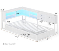 Sikaic Bed Frame Corner Bed Frame with Charging Station & Led Lights, White White / Engineered Wood & Heavy-Duty Steel / 83.1 x 47.2 x 36.2 inches