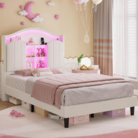 Sikaic Bed Frame Twin Size LED Bed Frame with Charging Station and Storage Headboard White White / Engineered Wood / Modern