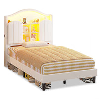 Sikaic Bed Frame Twin Size LED Bed Frame with Charging Station and Storage Headboard White White / Engineered Wood / Modern