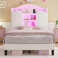 Sikaic Bed Frame Twin Size LED Bed Frame with Charging Station and Storage Headboard White White / Engineered Wood / Modern
