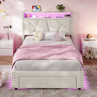Sikaic Bed Frame Twin Size  LED Upholstered Platform Bed Frame with Charging Station and Shelf Headboard & 2 Storage Drawers Cream White White / Engineered Wood / Modern