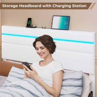 Sikaic Bed Frame Upholstered Twin Led Bed Frame with 4 Storage Drawers & Headboard and Charging Station No Box Spring Needed White White / Faux leather / Modern