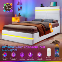 Sikaic Bed Frame Upholstered Twin Led Bed Frame with 4 Storage Drawers & Headboard and Charging Station No Box Spring Needed White White / Faux leather / Modern