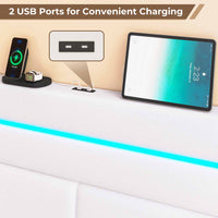 Sikaic Bed Frame Upholstered Twin Led Bed Frame with 4 Storage Drawers & Headboard and Charging Station No Box Spring Needed White White / Faux leather / Modern