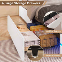 Sikaic Bed Frame Upholstered Twin Led Bed Frame with 4 Storage Drawers & Headboard and Charging Station No Box Spring Needed White White / Faux leather / Modern