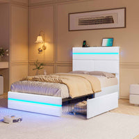 Sikaic Bed Frame Upholstered Twin Led Bed Frame with 4 Storage Drawers & Headboard and Charging Station No Box Spring Needed White White / Faux leather / Modern