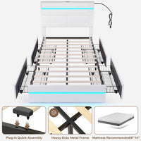 Sikaic Bed Frame Upholstered Twin Led Bed Frame with 4 Storage Drawers & Headboard and Charging Station No Box Spring Needed White White / Faux leather / Modern