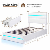 Sikaic Bed Frame Upholstered Twin Led Bed Frame with 4 Storage Drawers & Headboard and Charging Station No Box Spring Needed White White / Faux leather / Modern