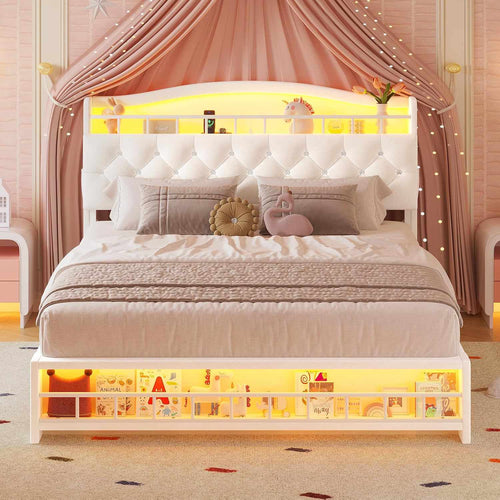 Sikaic Bed Frame Full Princess Velvet Upholstered LED Bed Frame White White / Full / Engineered Wood