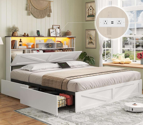 Sikaic Bed Frame Full Size Bed Frame with 4 Storage Drawers and Charging Station White White / Full / Engineered Wood