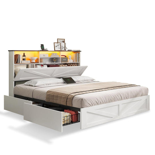 Sikaic Bed Frame Full Size Bed Frame with 4 Storage Drawers and Charging Station White White / Full / Engineered Wood