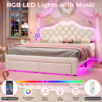 Sikaic Bed Frame Full Size Velvet Princess Platform RGB LED Bed with Storage Drawers and Adjustable Crystal Button Headboard Creamy White White / Full Size / Engineered Wood