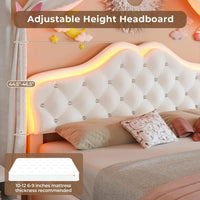 Sikaic Bed Frame Full Size Velvet Princess Platform RGB LED Bed with Storage Drawers and Adjustable Crystal Button Headboard Creamy White White / Full Size / Engineered Wood