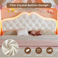 Sikaic Bed Frame Full Size Velvet Princess Platform RGB LED Bed with Storage Drawers and Adjustable Crystal Button Headboard Creamy White White / Full Size / Engineered Wood