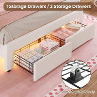 Sikaic Bed Frame Full Size Velvet Princess Platform RGB LED Bed with Storage Drawers and Adjustable Crystal Button Headboard Creamy White White / Full Size / Engineered Wood