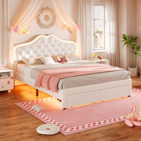 Sikaic Bed Frame Full Size Velvet Princess Platform RGB LED Bed with Storage Drawers and Adjustable Crystal Button Headboard Creamy White White / Full Size / Engineered Wood