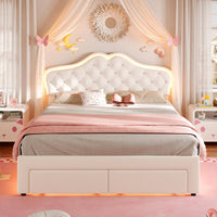 Sikaic Bed Frame Full Size Velvet Princess Platform RGB LED Bed with Storage Drawers and Adjustable Crystal Button Headboard Creamy White White / Full Size / Engineered Wood