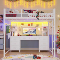 Sikaic Bed Frame Full Metal Loft LED Bed Frame with 8 Storage Drawers & Charging Station and 4 Open Storage Shelves White White / Full Size / Steel