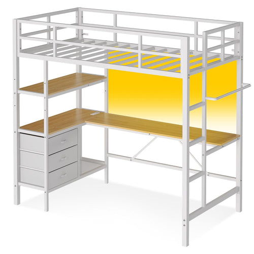 Sikaic Bed Frame LED Loft Metal Twin Size Bed Frame with L Shaped Desk White White / Metal / Modern