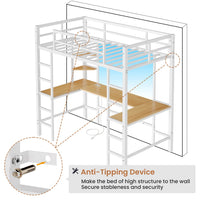 Sikaic Bed Frame LED Loft Metal Twin Size Bed Frame with U Shaped Desk Charging Station Drawers Storage Shelves and Safety Guard & Ladder No Box Spring Needed White