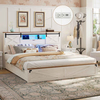 Sikaic Bed Frame LED Farmhouse Wooden Platform Bed Frame With Charging Station 2 Drawers & Storage Headboard Sliding Barn Door White